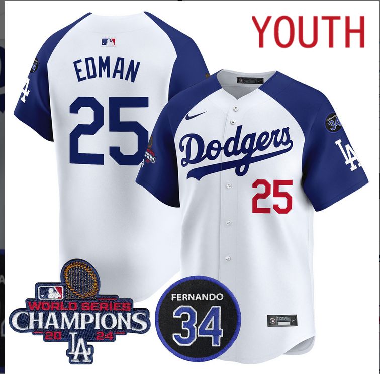 Youth MLB Los Angeles Dodgers #25 Edman white 2024 World Series Champions Patch Limited Jersey style 2->youth mlb jersey->Youth Jersey